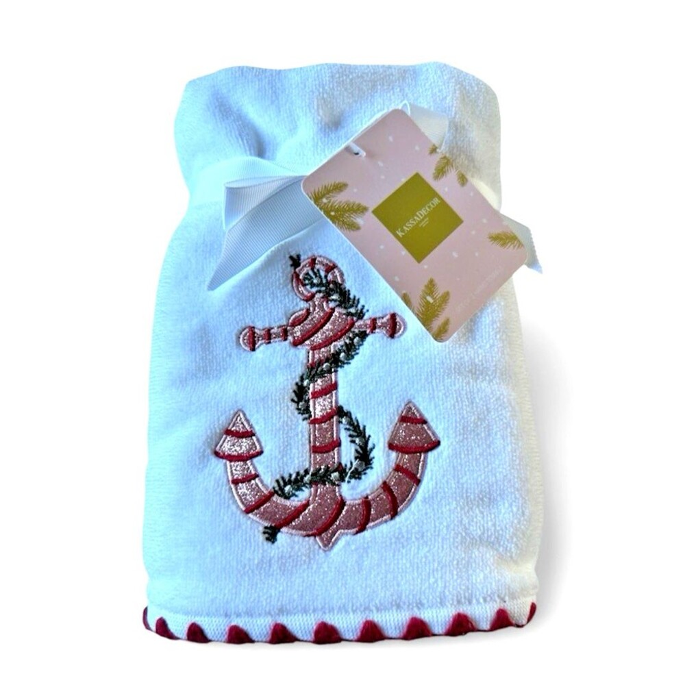 Kassa Decor Christmas White Hand Towels Set of 2 Pink Anchor Embroidered
